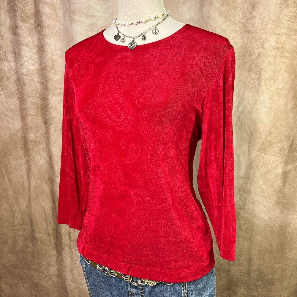 Vintage Paisley Top Red Ribbed 3/4 Sleeve Whimsigoth Romantic Goth Boho Indie